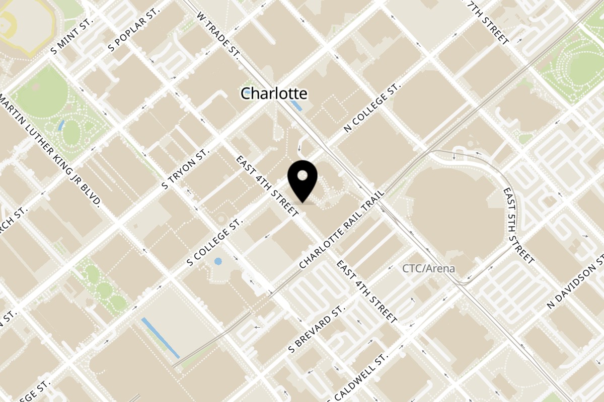 Map showing the location of RedEye Diner on 210 E Trade St c149 in Charlotte